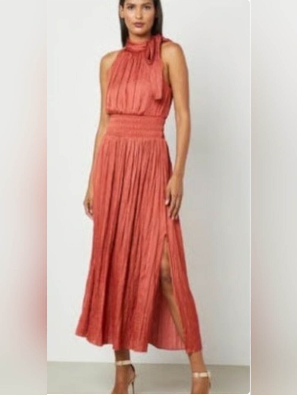 BCBGMaxAzria Tandori Spice Smocked Halter Maxi Dress With Bow Tie Neck Detail - Picture 2 of 9